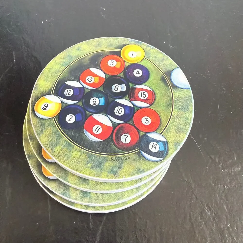 Rafuse Billiard Pool Ball Set of 4 Ultra Clean Round‎ Stone Coasters, Cork Backs